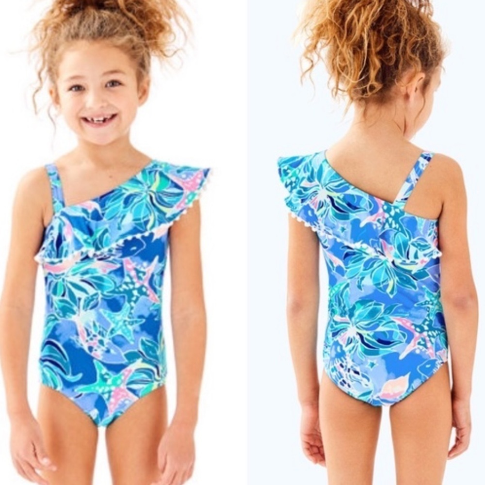 Lilly Pulitzer Girl’s Joni Swimsuit Sizes 10 & 12 in print celestial seas EUC